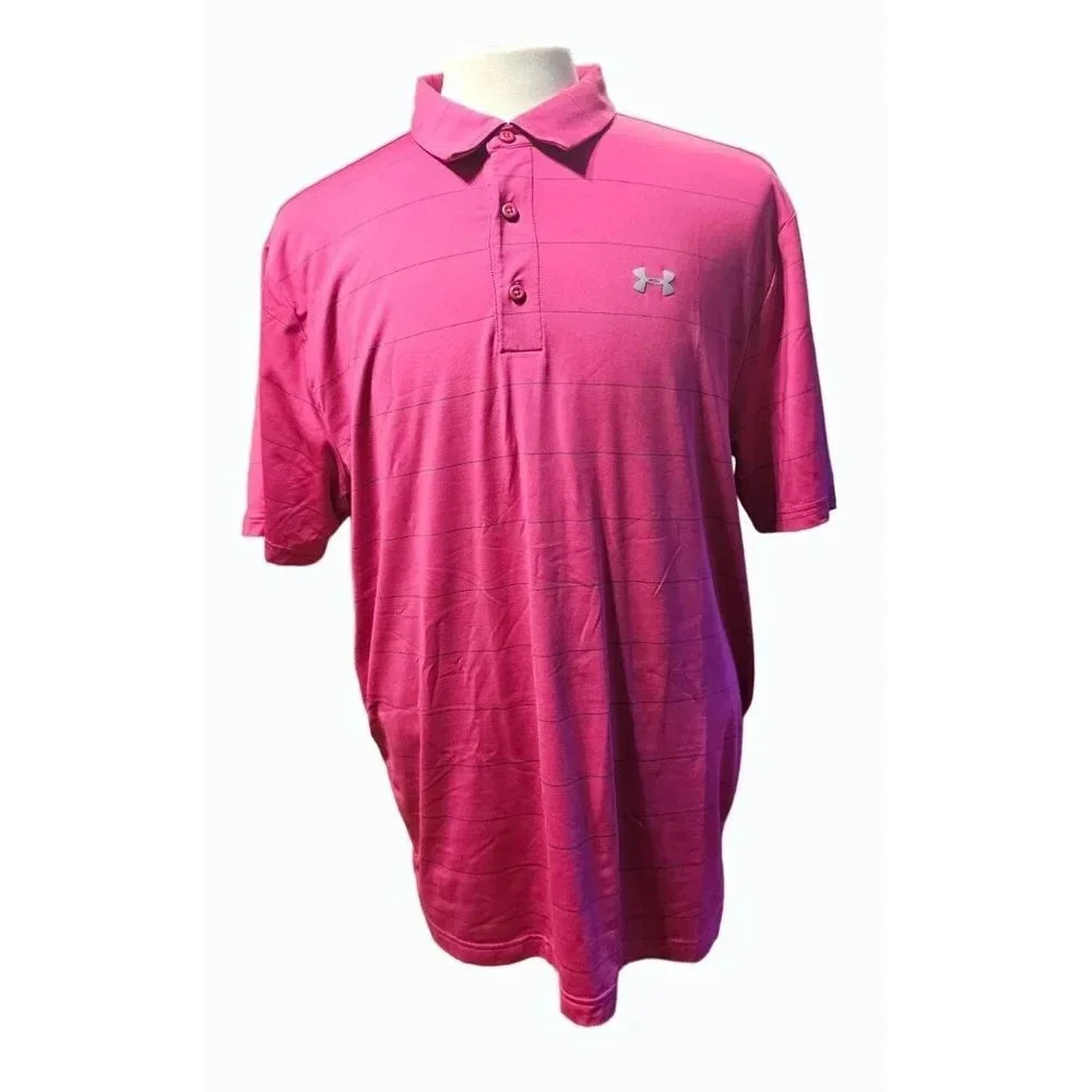 Under Armour Heat Gear Loose Fit Men's Polo Pink w Blue Stripes Short Sleeve XL